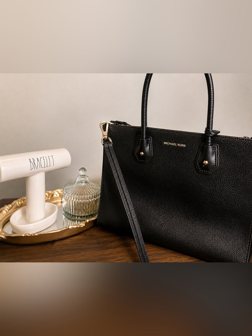 Michael Kors Black Pebbled Leather Satchel with Gold Hardware